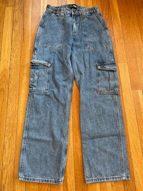 Fashion Nova Wide Leg Cargo Jeans Medium Wash 100% Cotton Size 3